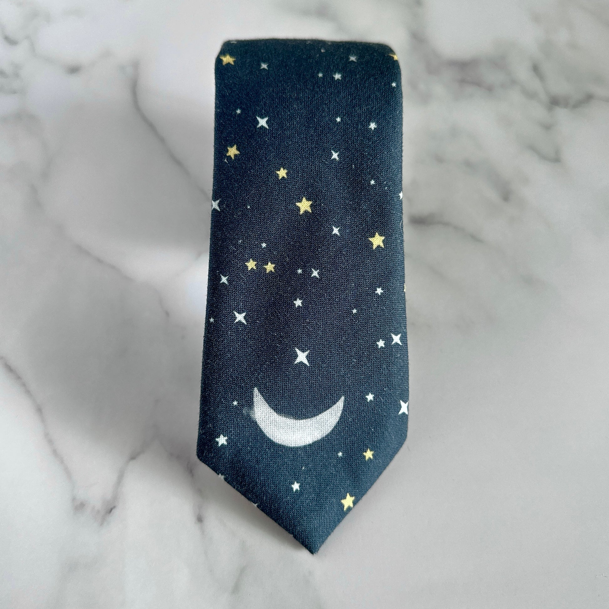 American made navy blue tie with moon and stars