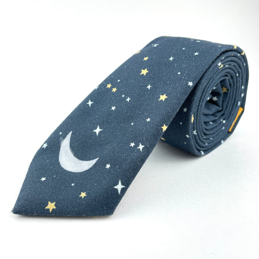 American made navy blue tie with moon and stars