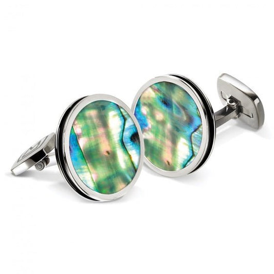 Stainless steel cufflinks with green abalone inlay made in America