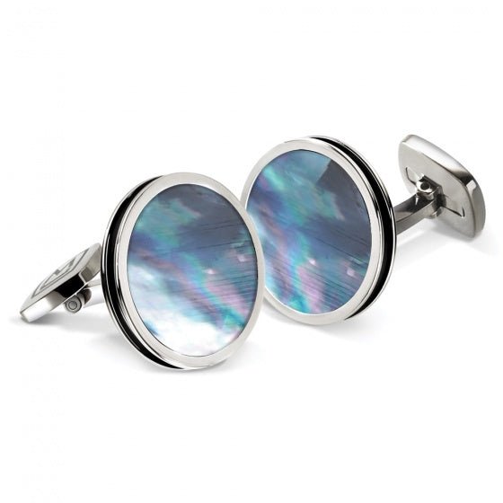 Stainless steel cufflinks with grey mother of pearl inlay made in America