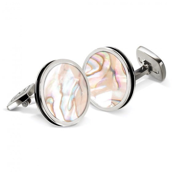 Stainless steel cufflinks with white mother of pearl inlay made in America