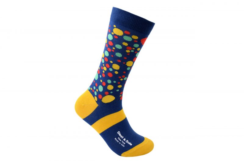 Blue dress socks with multi-color polka dots made in America