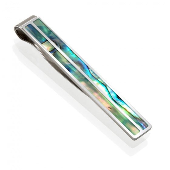 Stainless steel tie bar with green abalone inlay made in America