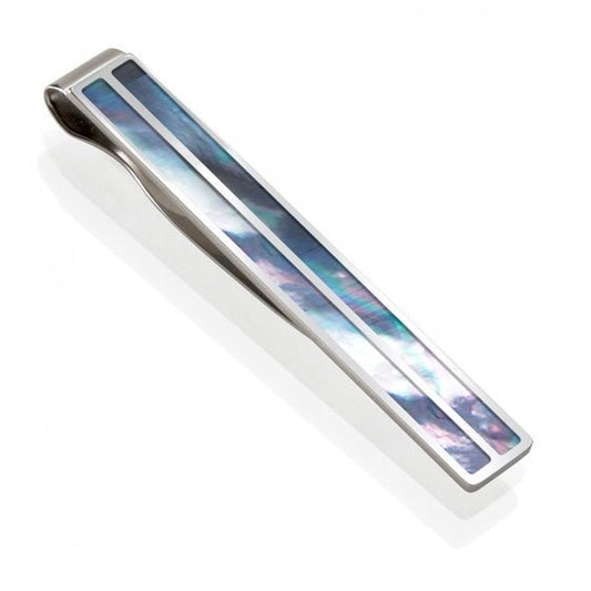 Stainless steel tie bar with grey mother of pearl inlay made in America