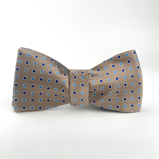 Mocha colored bow tie with blue dots made in America