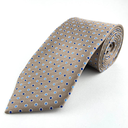 Mocha colored tie with blue dots made in America