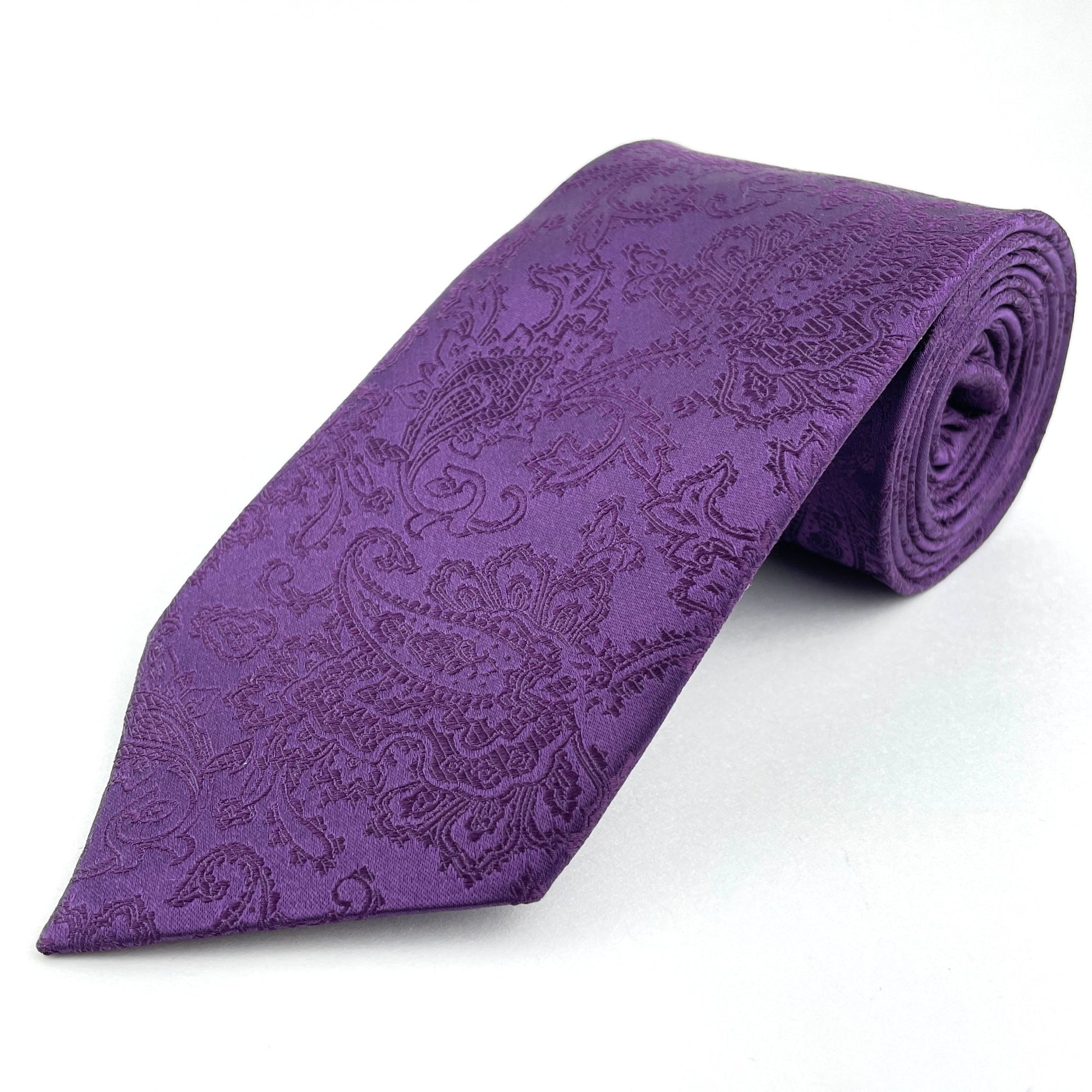 Purple neck tie with paisley pattern made in America