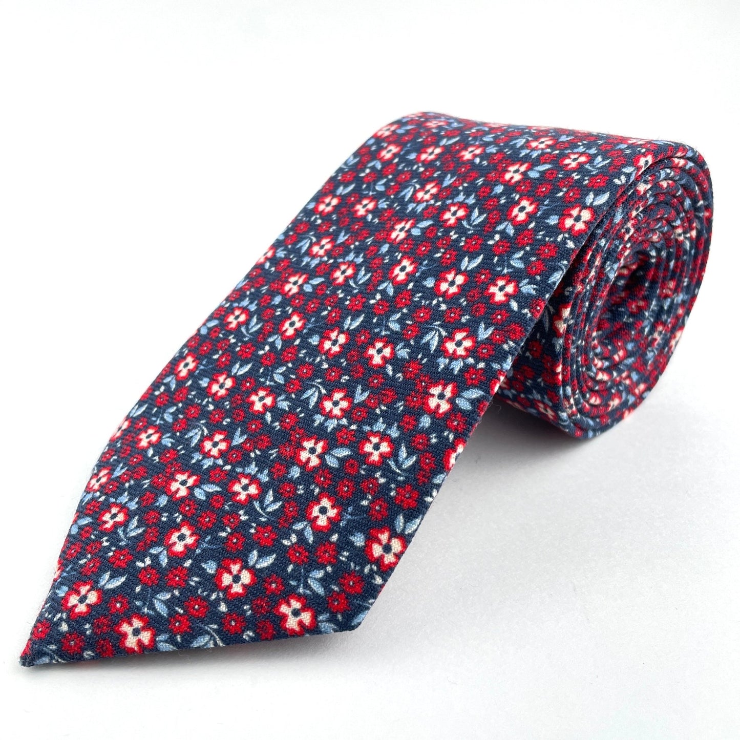 Blue tie with red flowers made in America