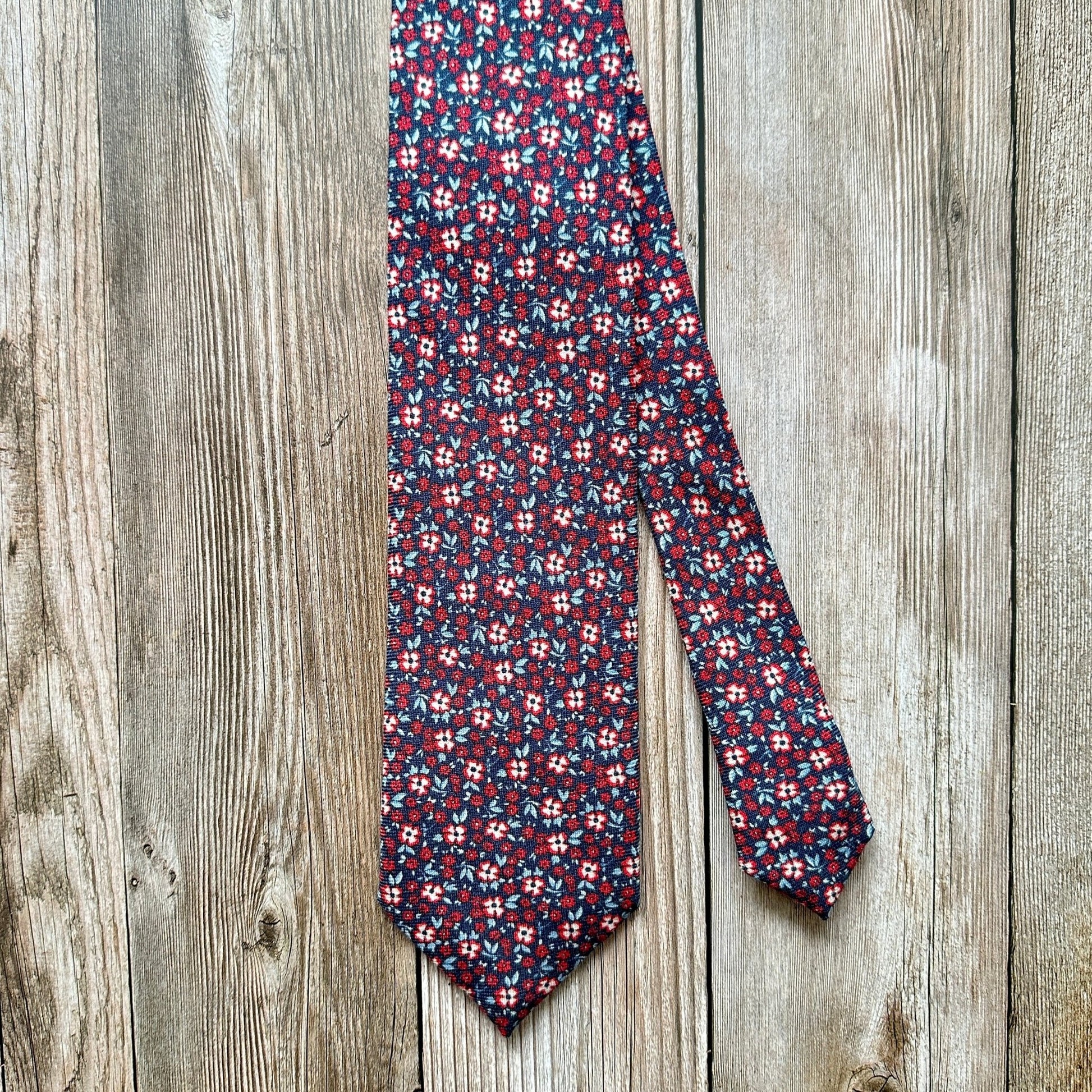 Blue tie with red flowers made in America