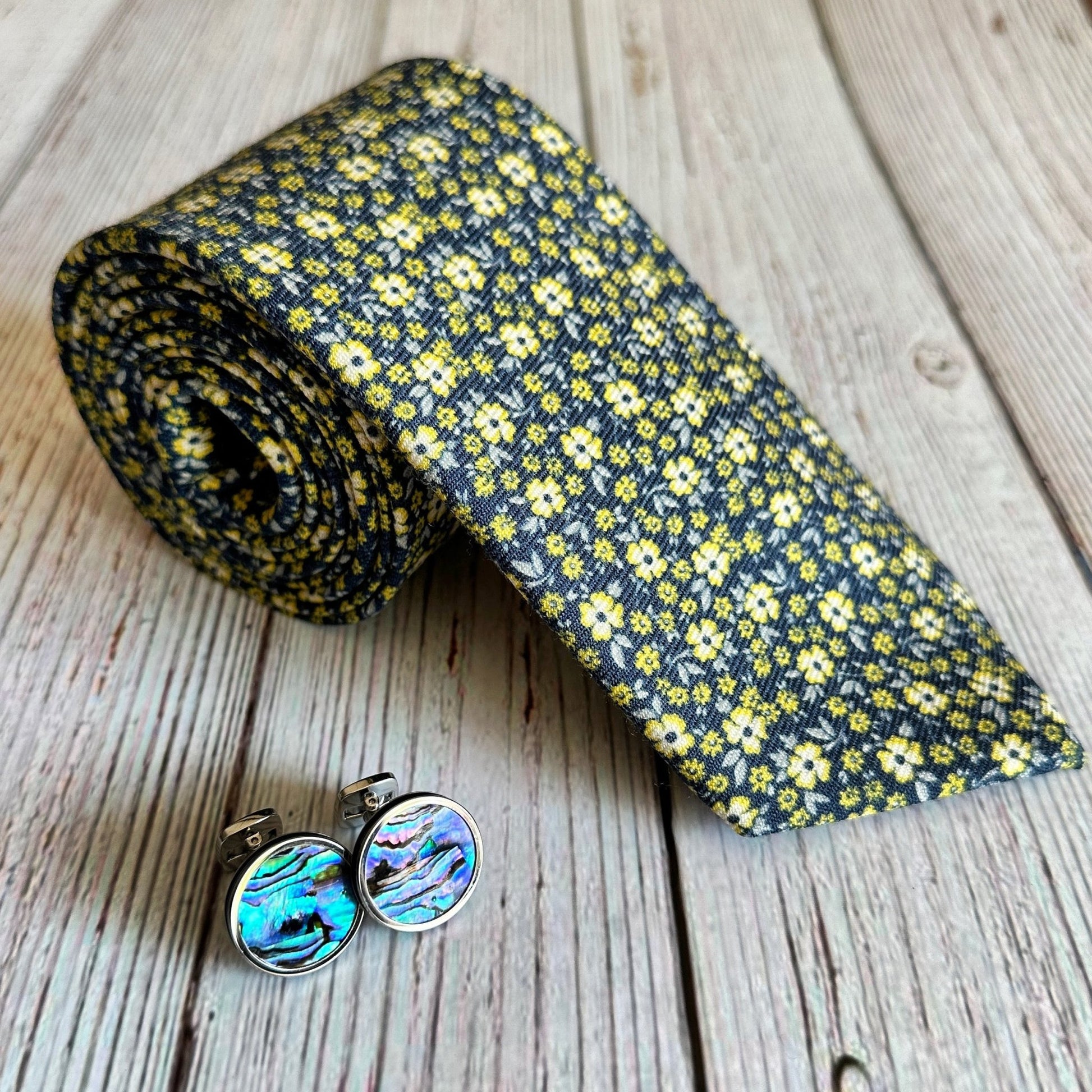 Blue wool tie with green flowers made in America