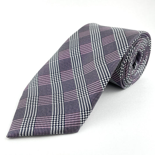 Silk grey and purple plaid neck tie made in America